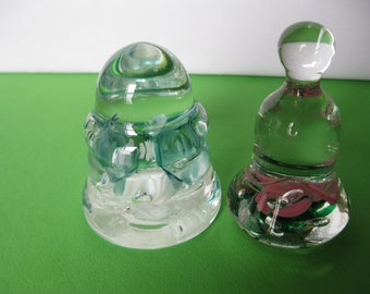 Joe St. Clair Glass Paperweights Pink Flowers Bell and Blue Insulator Made in USA