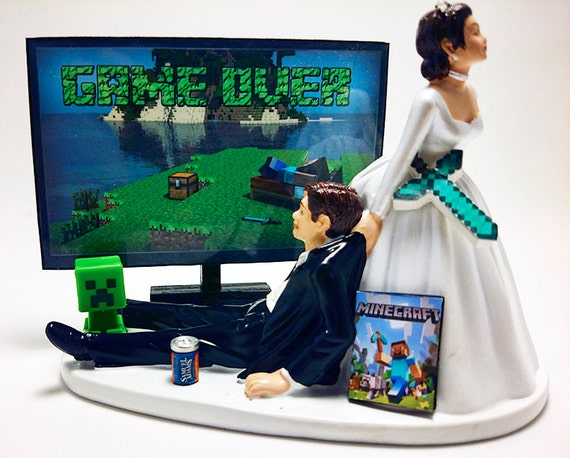 Video Game Funny Wedding Cake Topper Bride and Groom Sword + Pickaxe Craft
