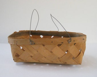 Vintage shaved wood woven market basket with wire handles