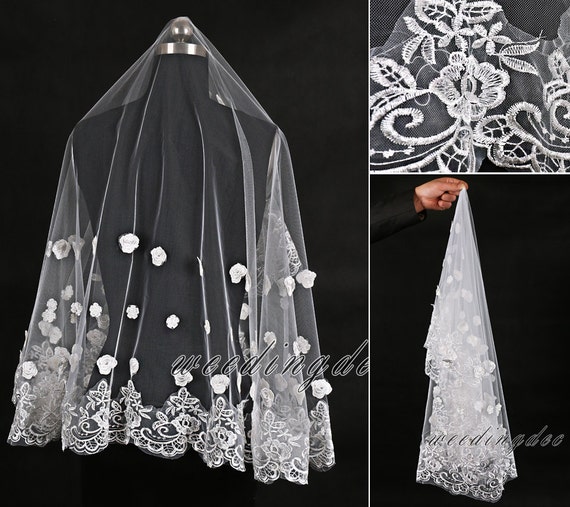 lace edge bridal veilHandmade rose embroidery trim