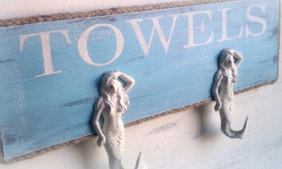 Mermaid Towel Rack Beach Inspired Shabby Cottage Decor Pool Blue Coastal Home, Lake House Beach House