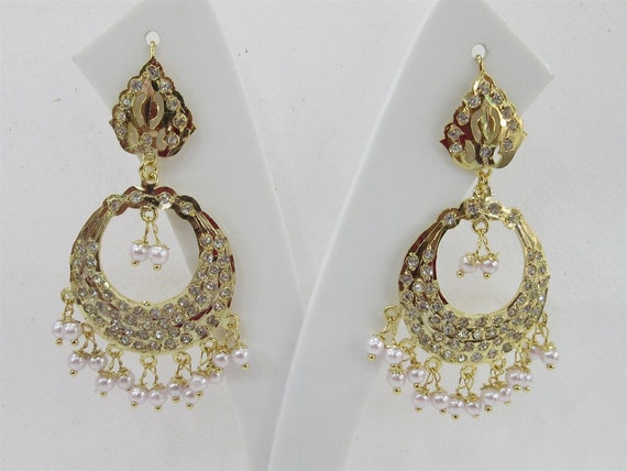 Handmade Gold Jadau Chand Bali Earrings with Pearl by Beauteshoppe