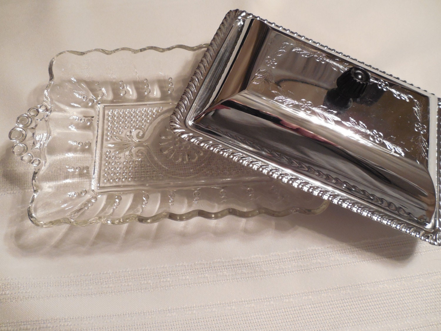 Vintage Hobnail Small Clear Glass Serving Tray w/Aluminum