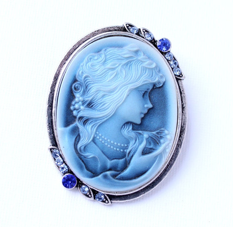 Blue Cameo Brooch Crystal Blue Sapphire Cameo Broaches Jewelry