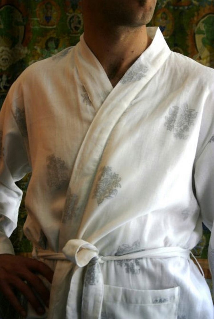 Dressing Gown for Men White Fine Black Flowers 100 by Khasto