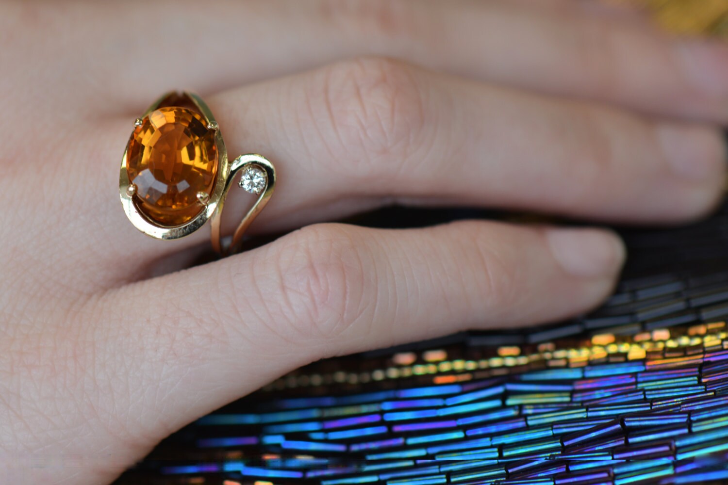 Vintage Designer Ring, Carl D. Lindstrom and Sons Topaz and Diamond ring, Vintage Cocktail Ring