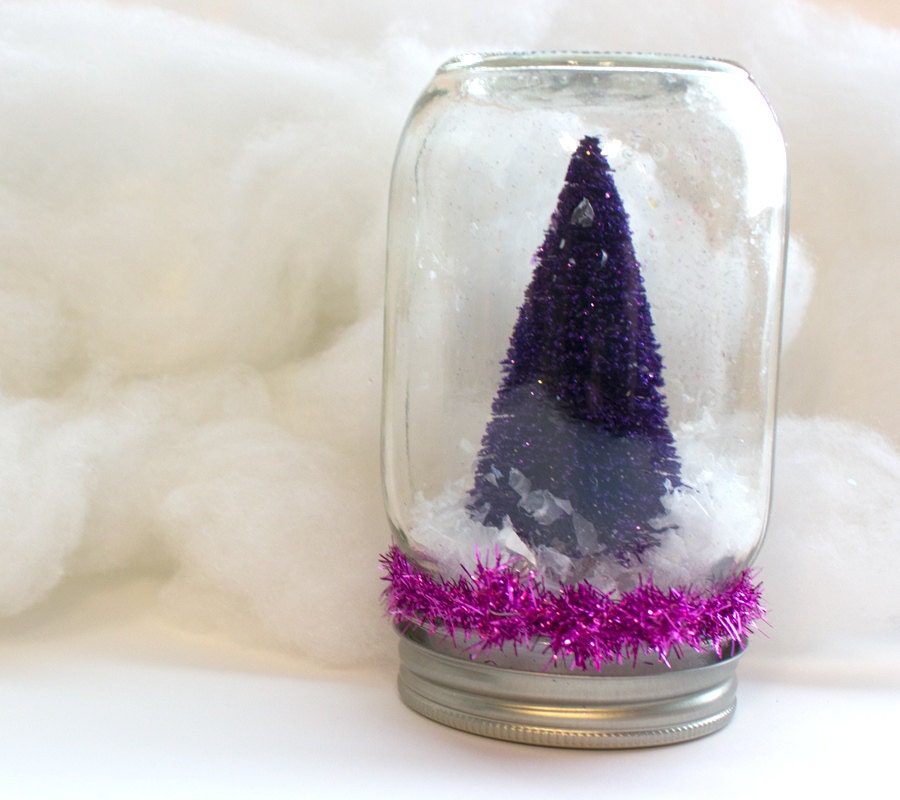 Dark Purple and Hot Pink Dry Snowglobe Tinsel Pint Jar Sparkly Home Decor Christmas Glitter Snow Waterless