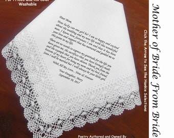 Mother of the Bride Handkerchief 0109 Sign & Date for Free! 5 MOB Wedding Hankerchief Styles and 8 Ink Colors. Personalized Hankies.