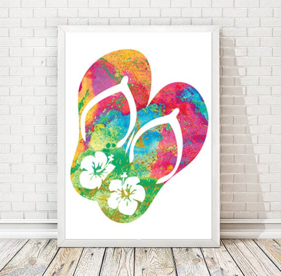 Beach Watercolor Art Print Flip flops Art Ocean Painting Sea