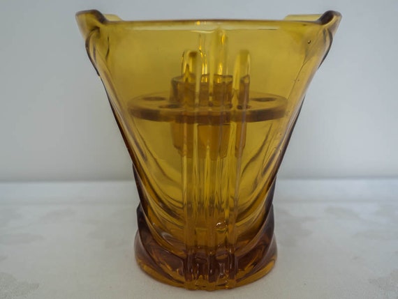 Amber Depression Glass Vase And Flower Frog Insert Art Deco