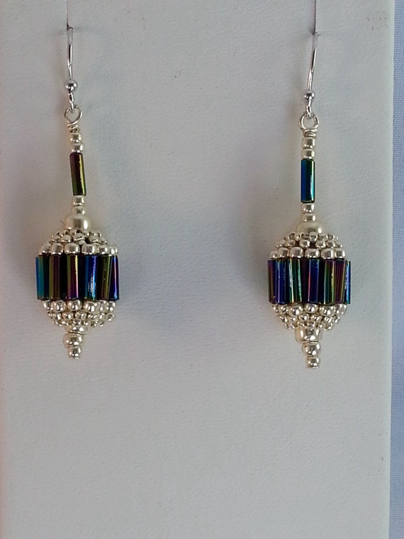 Hand woven bugle bead and seed bead earrings in shades of blue