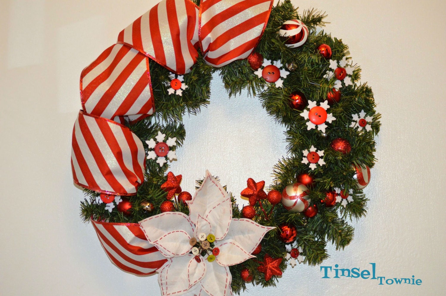 Peppermint Snowflake Wreath; Christmas Wreath, Holiday Wreath, Ribbon Wreath, Button Wreath, Red Wreath, Striped Wreath