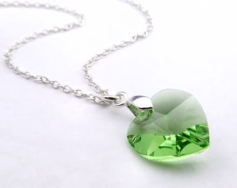Peridot Necklace, Crystal Heart Pendant, Sterling Silver, Peridot Swarovski Elements Crystal, August Birthday, Heart Jewelry