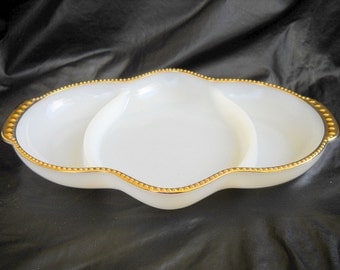 Beautiful Fire King, Relish Dish, Gold Trim, White Milk Glass, 1960's