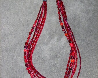 Red Seed Bead necklace- multi-strand