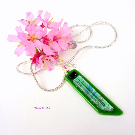 Dichroic Glass Jewelry Pendant Handmade with Green and Pastel Shades of Spring, Fused Glass Pendant by Umeboshi Jewelry Design