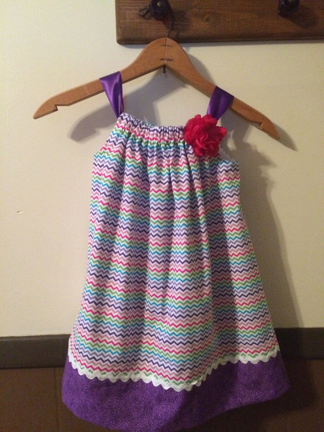 Pillowcase style sundress in a bright chevron fabric.