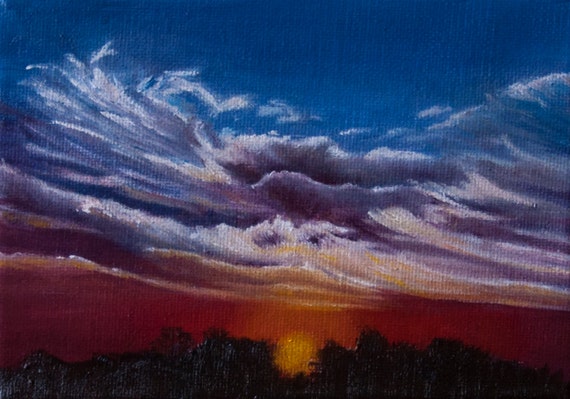 Little Sunrise landcape, 5x7 inch, original painting with rainbow ...