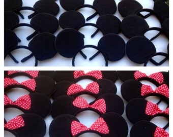 Minnie Mickey Mouse Inspired Bow Headband With red and white polka dot bow and plain Mickey Mouse ears for favors or Disney Trip SET OF 12