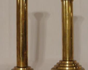Vintage Stately Pure Brass Candlesticks, Candle Holders, Columns, Light, Antique Wedding, Buffet Styling, Tabletop, Dresser, ambiance