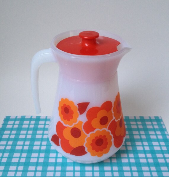 vintage kitchenware Arcopal pitcher flowers made in France seventies opaline