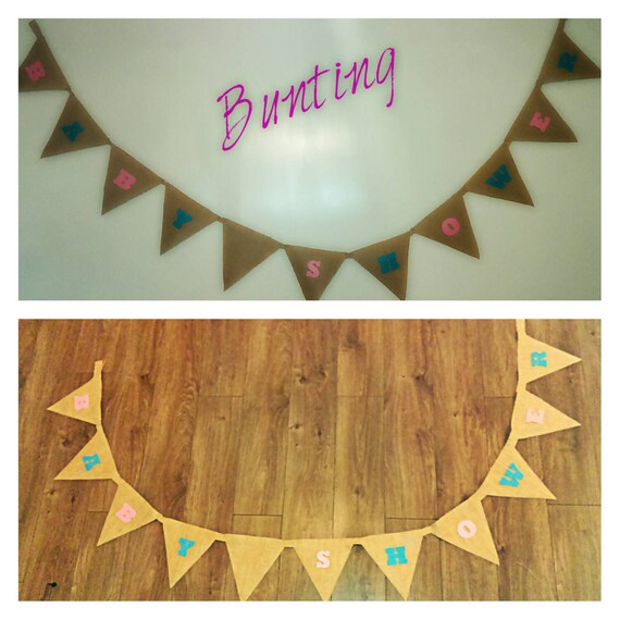 Baby shower bunting on hessian made in pale by BabyPamperHampers