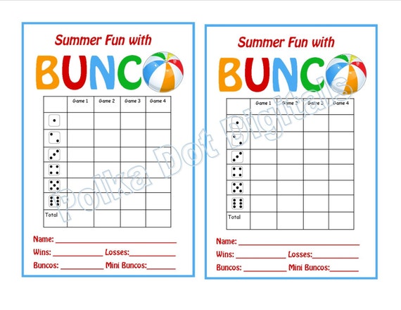 Buy 2 Get 1 Free SUMMER Beach Bunco Score Card Sheet With