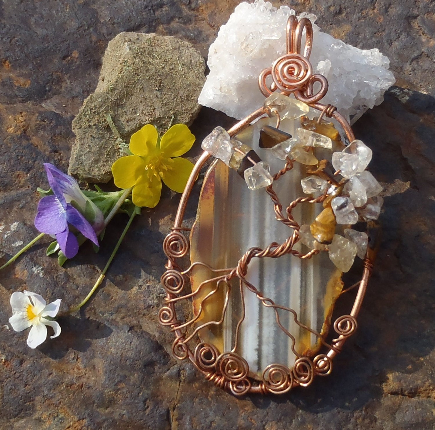 Copper Agate Slice Pendant with Tiger's Eye and Citrine