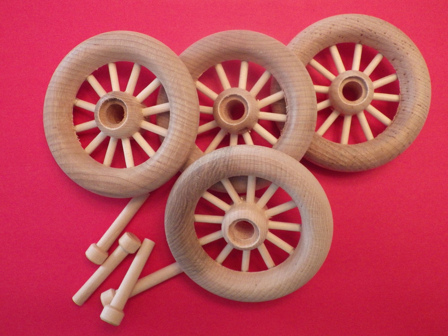 4 Wood Spoke Toy Wheels with Axle Peg