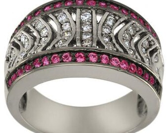 Diamond Wedding Band Art Deco Ring Diamonds & Pink Sapphires In 14K White Gold