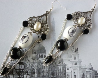 Earrings earrings "Shadow chinoises1900" style retro, printed porcelain beads, glass of Bohemia
