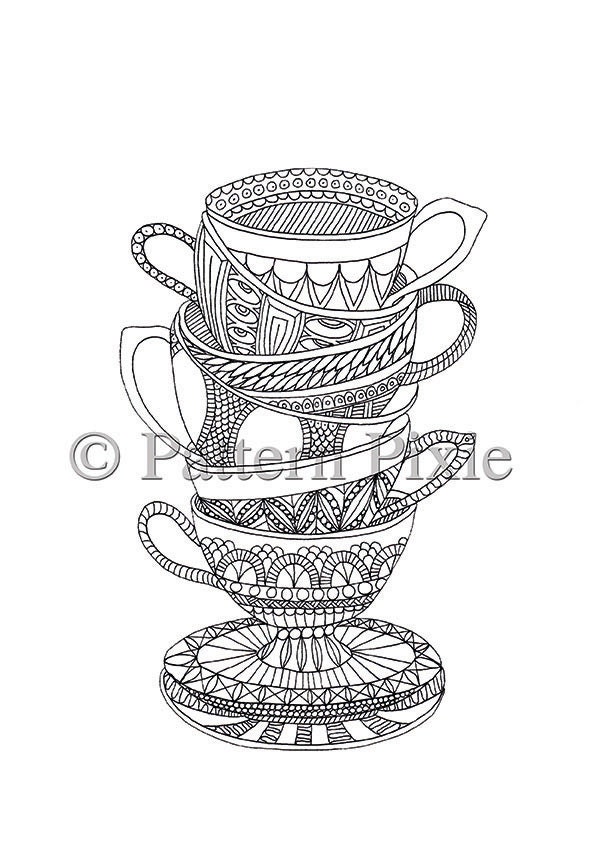 Colouring Page Teacups Doodle