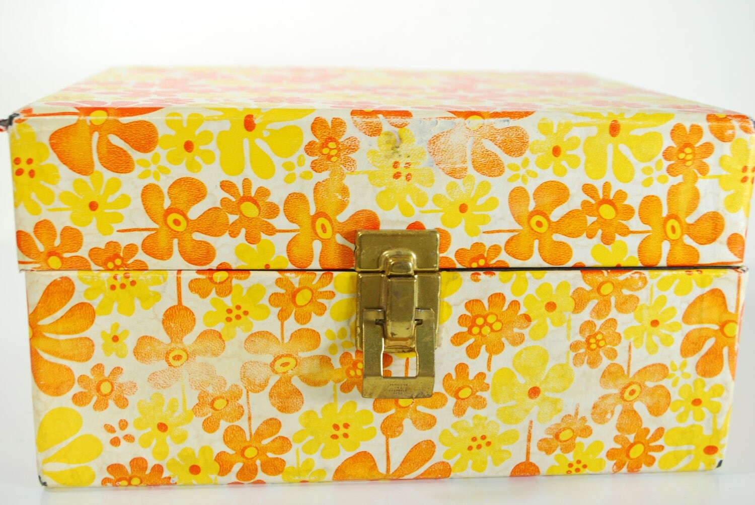 Vintage Flowered Decorative Box Yellow, Red / Orange, Brass Closure