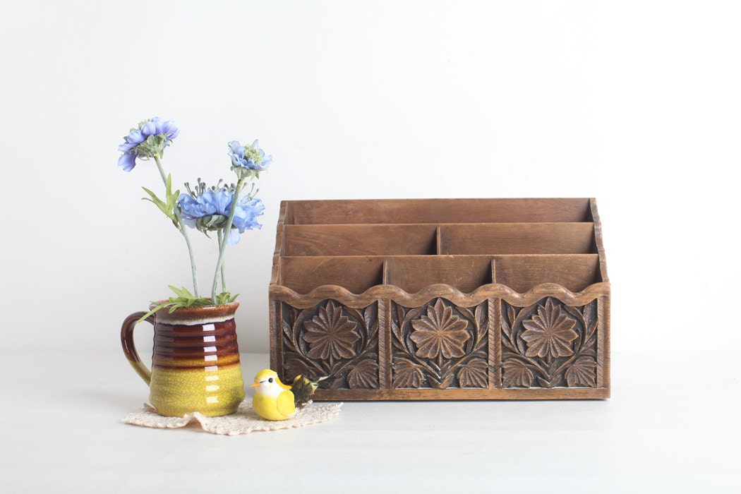 Original Vintage Wooden And Metal Desk Organizer By