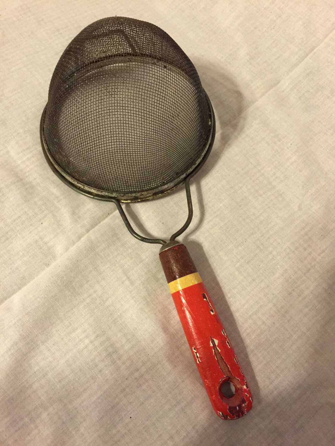 Vintage Kitchen Strainer with Red Wooden Handle