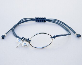 Karma bracelet.Sterling silver bracelet.Dragonfly charm bracelet.Tiny silver bead bracelet.Friendship bracelet.String bracelet.C004