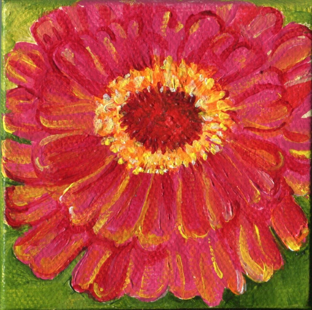 Zinnia acrylic painting Zinnia mini canvas art 3 x 3 easel