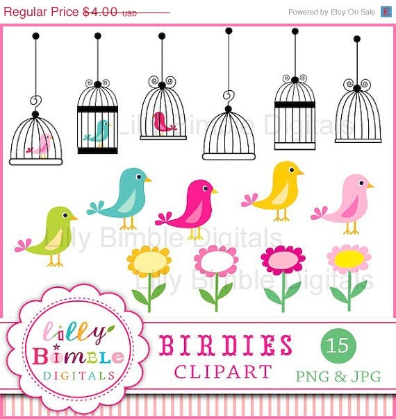 50% off Bird clipart birdcages, whimsical cute bright birds clip art images BIRDIE instand download Il_570xn