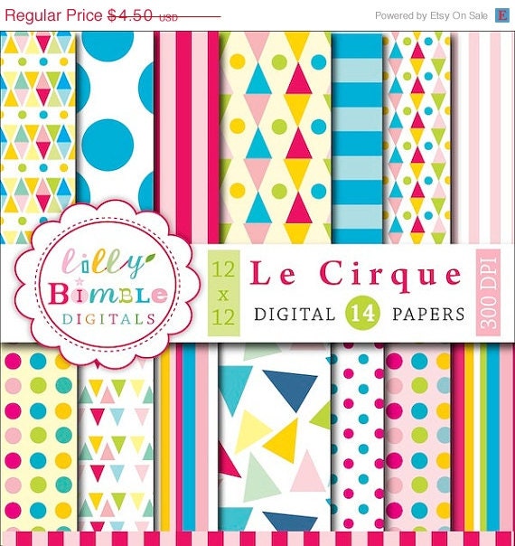 50% off Circus digital papers with geometric, polka dots, bright colors Le Cirque paper kids INSTANT Download Il_570xn
