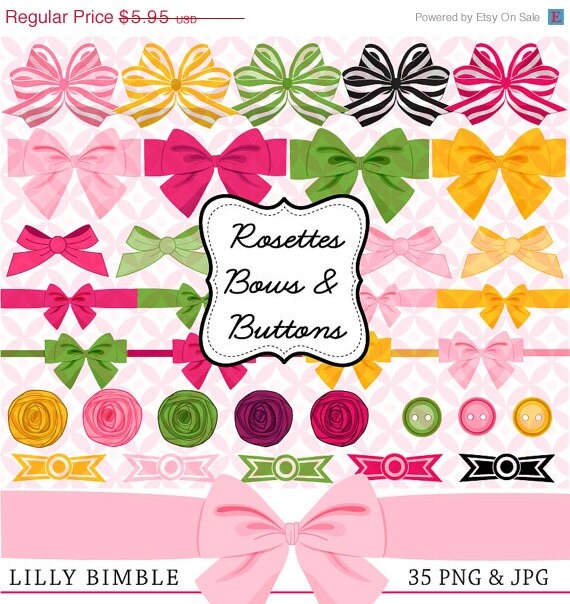 50% off Rosettes, Bows and Buttons clipart, Decorative gift wrap bows in green, hot pink, yellow INSTANT DOWNLOAD Il_570xn
