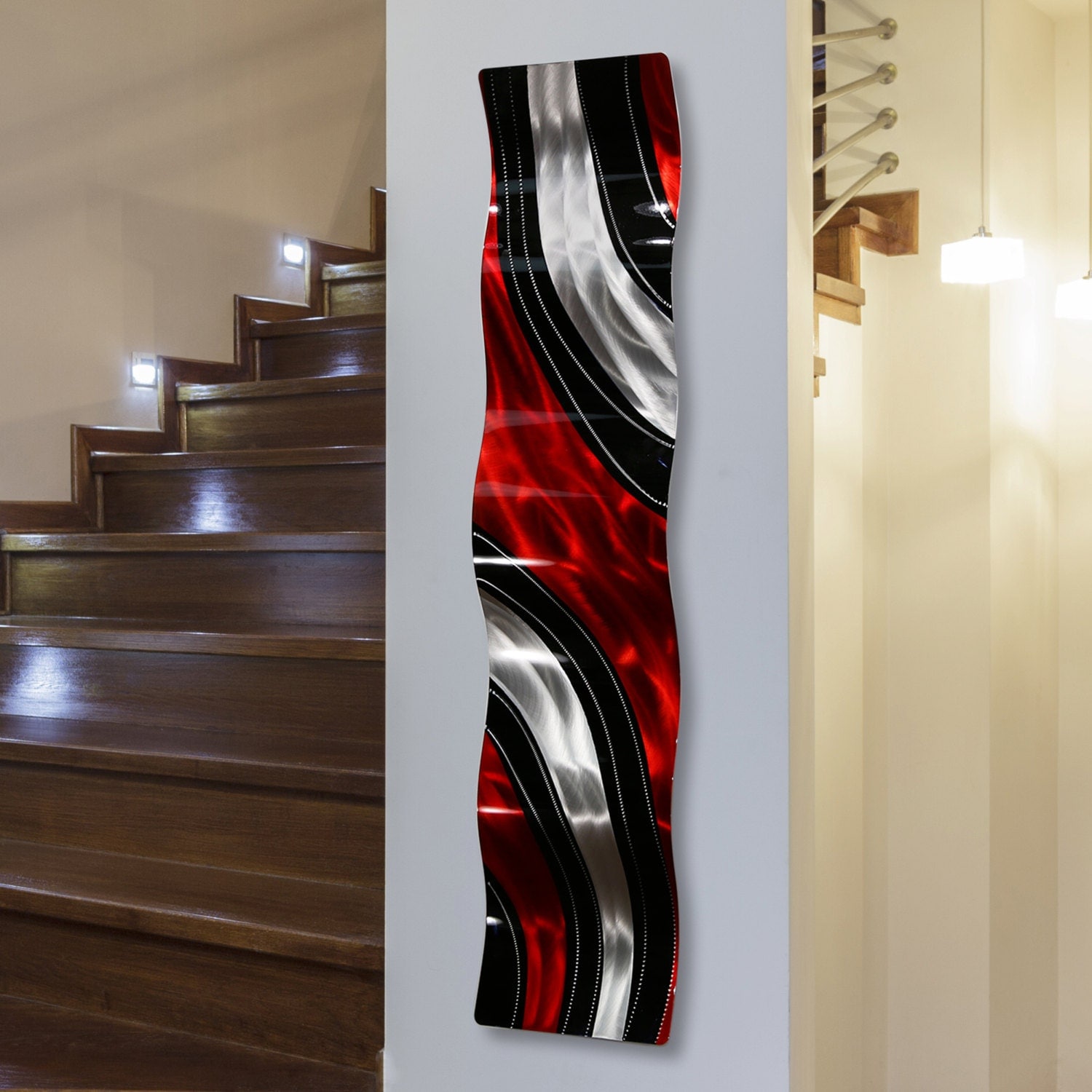 Red Black & Silver Modern Metal Wall Art Striped Abstract