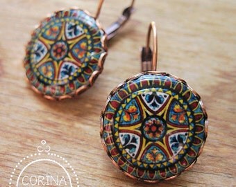 Italian Jewelry, Statement Earrings, Italian pottery design, vintage plate miniature, Handmade, copper lever back hook earrings, folk art