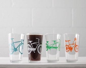 Mixed-up super bike party - screen printed bicycle pint glasses, set of 4