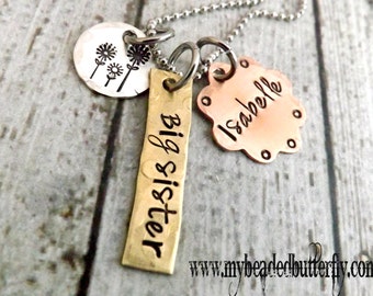 Hand stamped necklace-big sister necklace-childs necklace-flower-copper-brass-big sis necklace