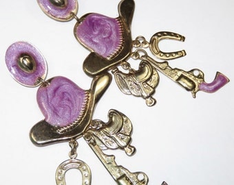 SJK VINTAGE -- Gold Tone and Purple Enamel Dangly Cowboy Charm Pierced Earrings (1980's)