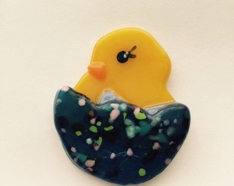 Fused Glass Chick-n-Egg Brooch Pin