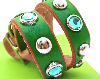 Green Leather Dog Collar with Sparkles and Studs, Size S/M, to fit a 12-15in Neck, EcoFriendly