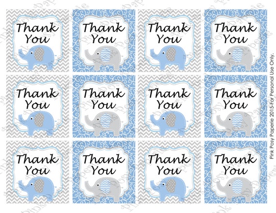 Printable Blue Elephant Baby Boy Shower Thank You Tags