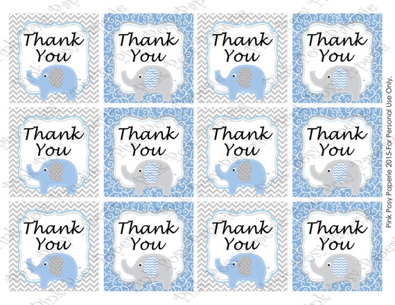 Printable Blue Elephant Baby Boy Shower Thank You Tags ...