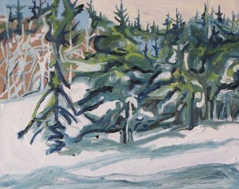 Small Plein Air Landscape Oil Painting Original Impressionist Winter Snow Tree Appalachian Quebec Canada Fournier ' Snowed In " 10" x 12"